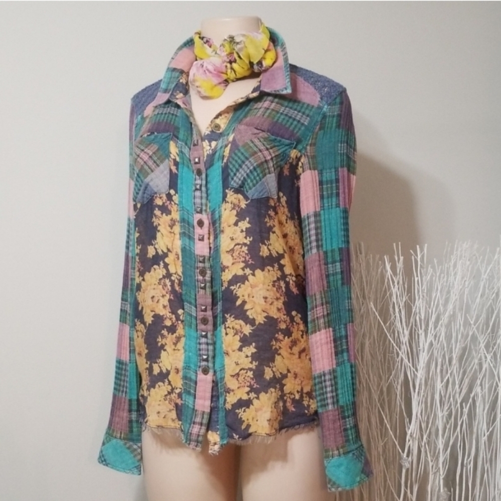 Miss Me button Down mixed media top